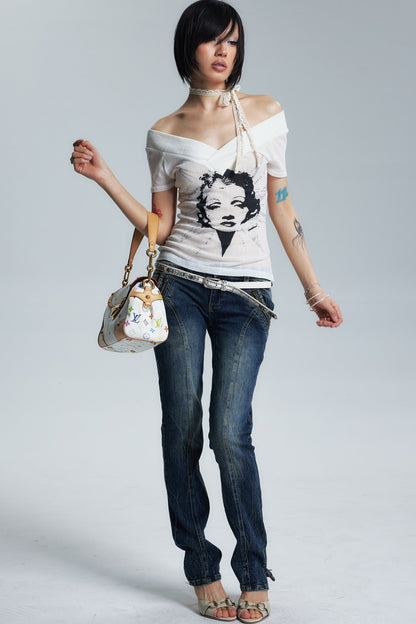Sheer Two-Color V-Neck Off-Shoulder T-Shirt