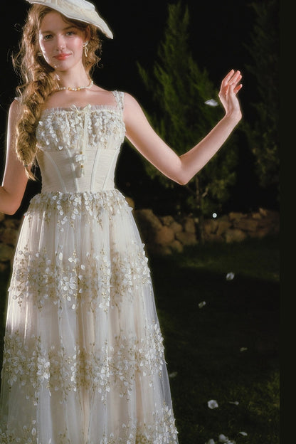 Embroidery Fishbone Strap Long Dress