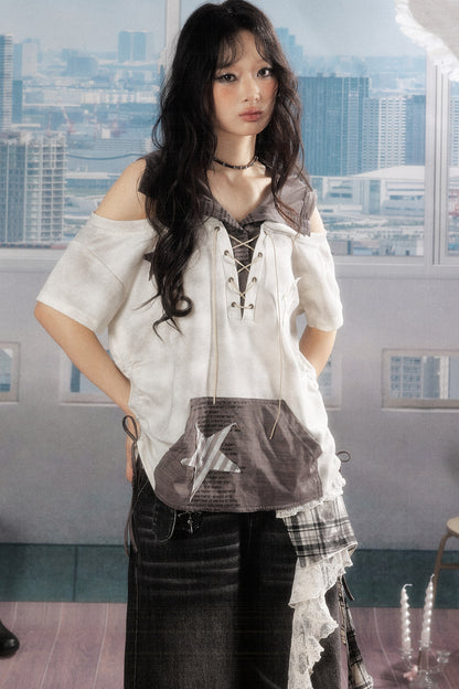 Short-Sleeved Hooded Drawstring Star Top