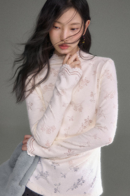 Youeruare Original Design Gardenia Mousse Hollow Lace Trim Knitted Base Shirt Long-Sleeve Top