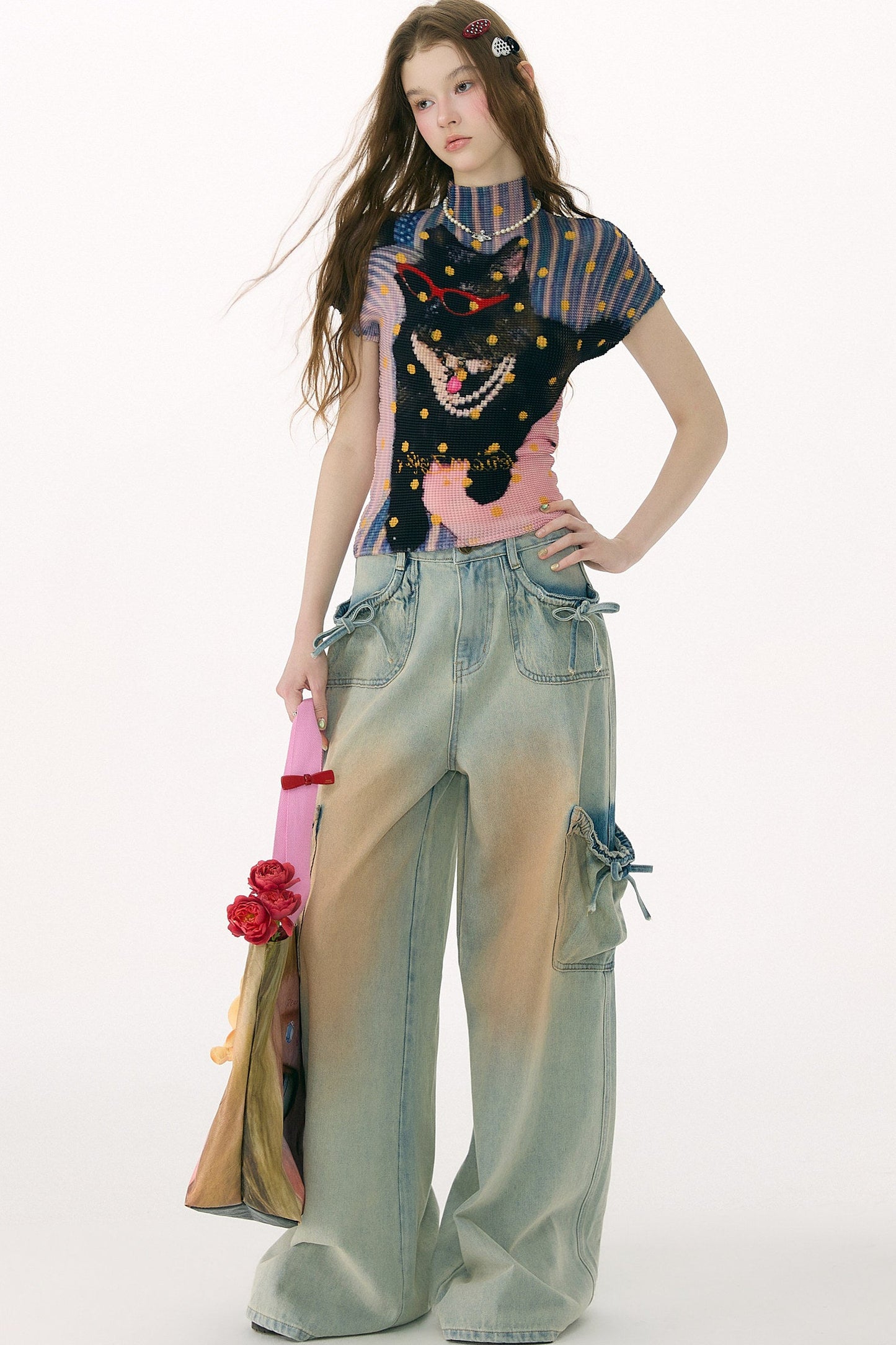 Polka Dot Pleated T-Shirt