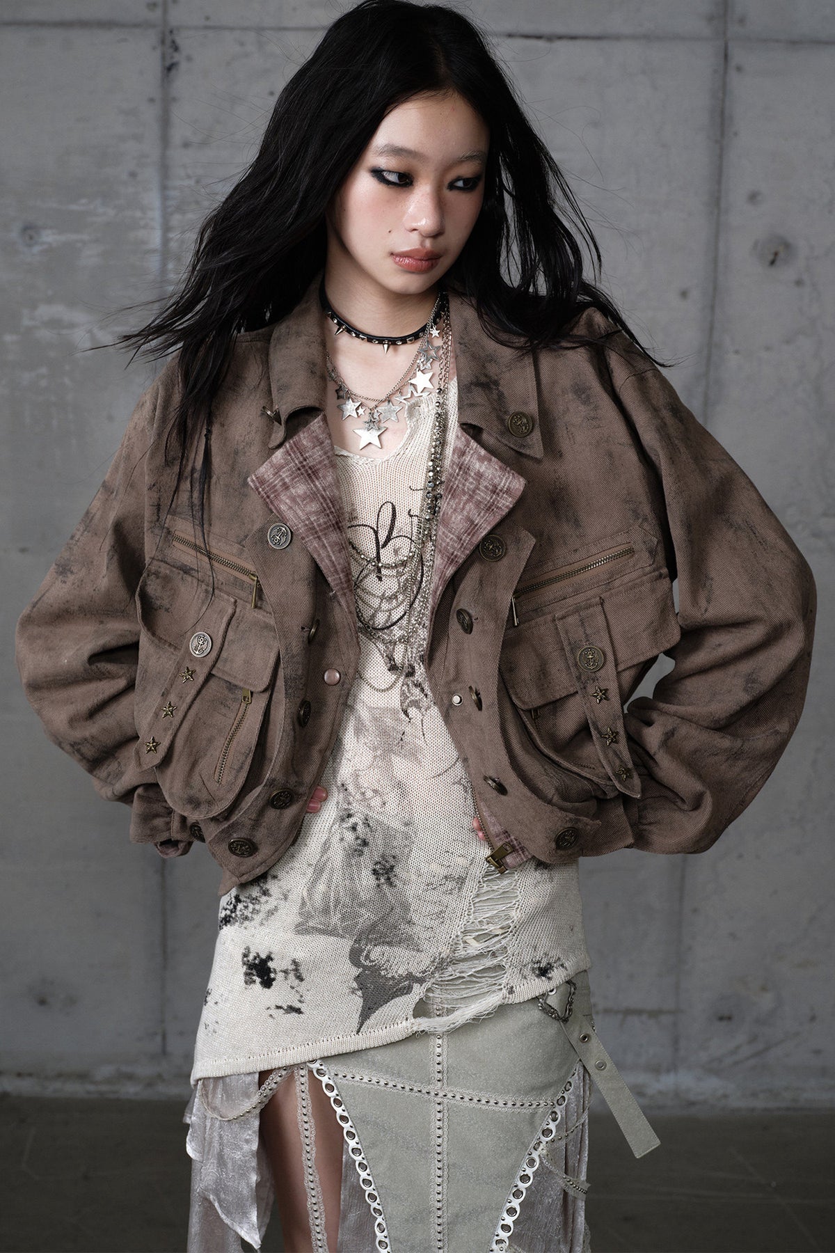 Loose Distressed Plaid Patchwork Jacket