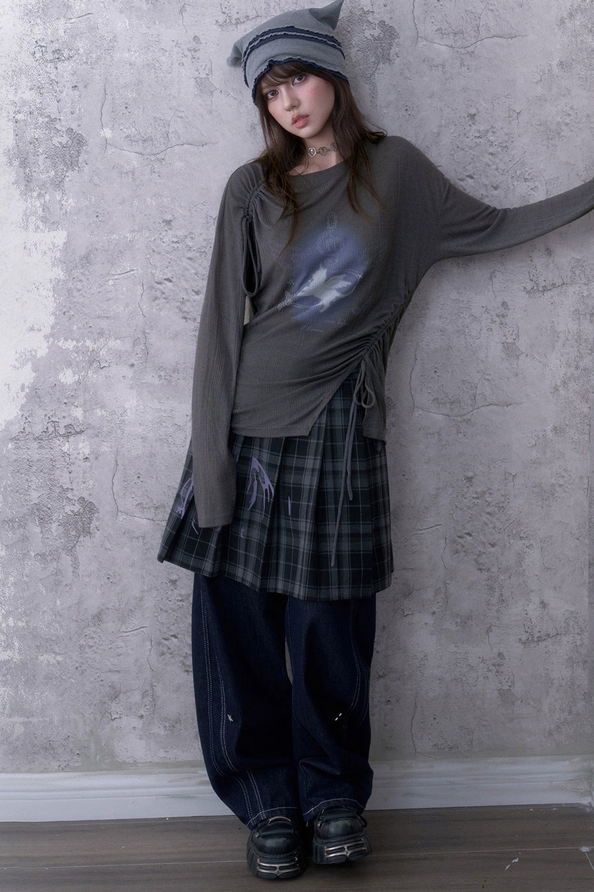 Gray Unicorn Drawstring Irregular T-shirt