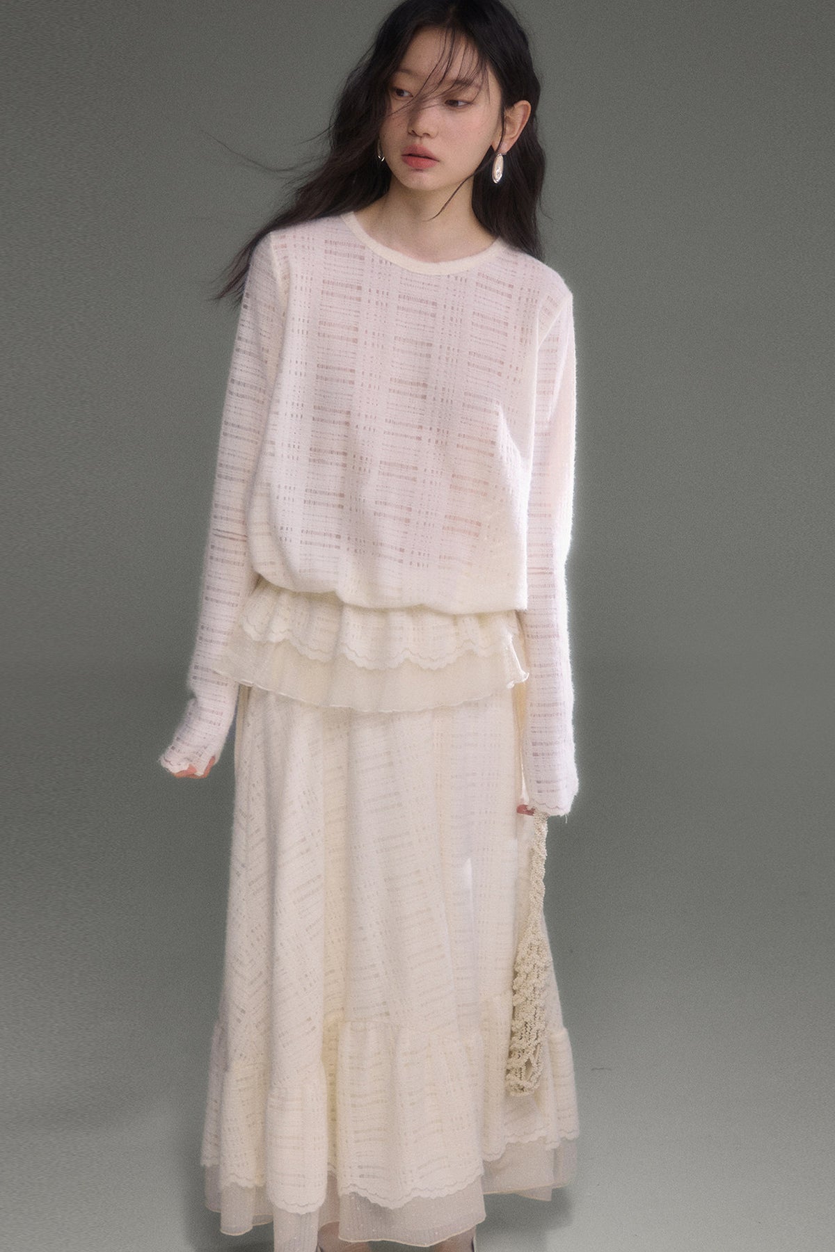 Plaid Lace Long Sleeve T-Shirt Skirt Set-Up