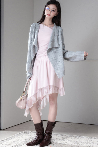 Warm Gray 3D Floral Wrap Cardigan