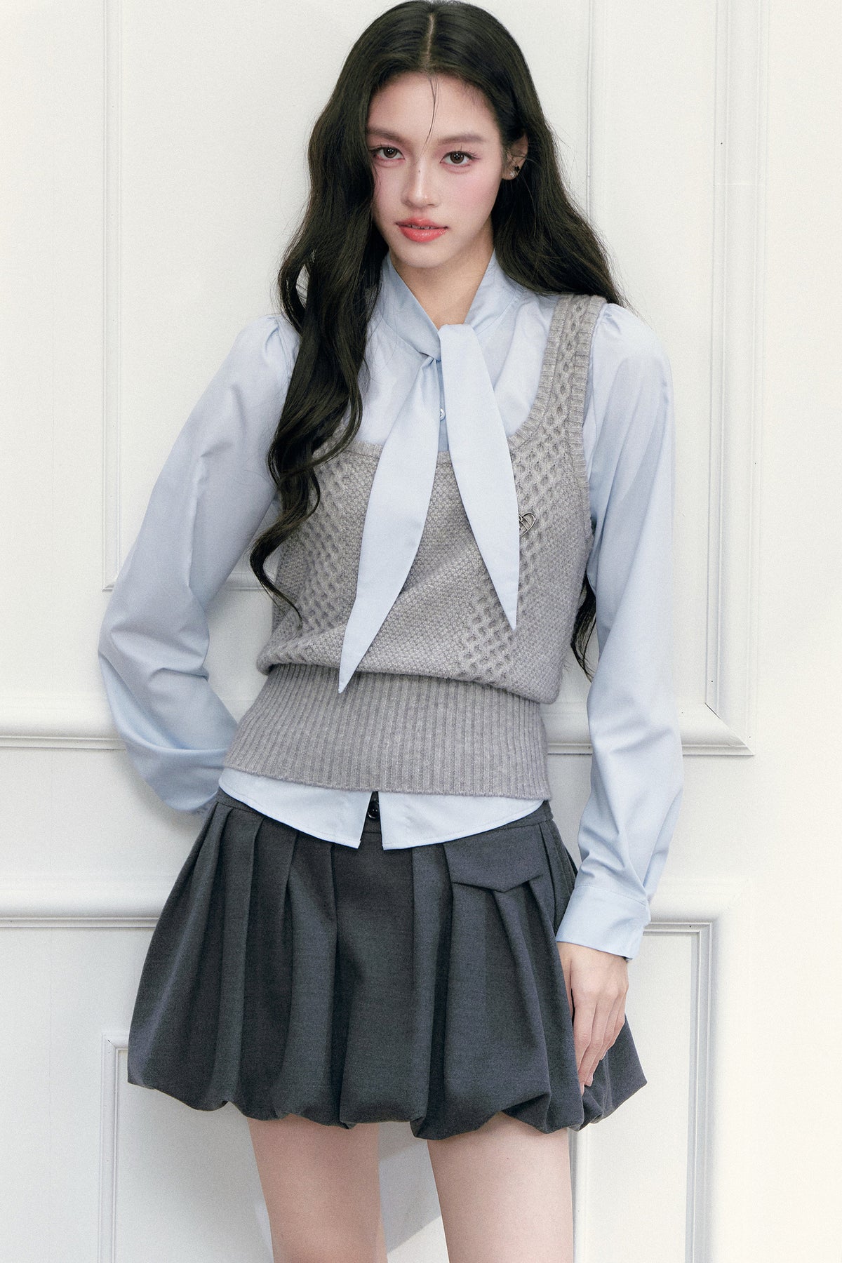 Pleated Skirt Shirt Vest Set-Up