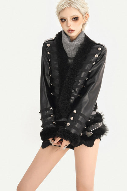 Black Leather Buttoned Fur Collar Jacket