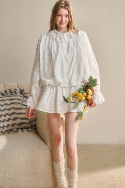 Long-Sleeved Cotton Embroidered Shirt Dress
