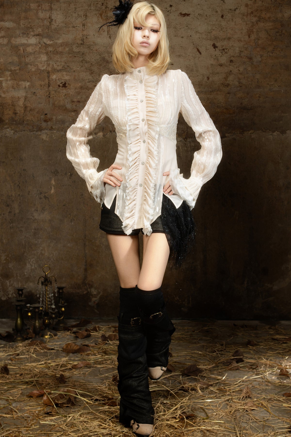 Lace Sequin Ruffle Gothic Shirt