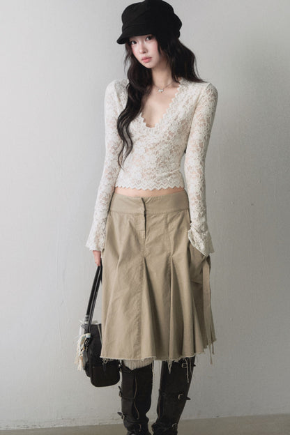 Lace V Neck Flared Sleeve Top