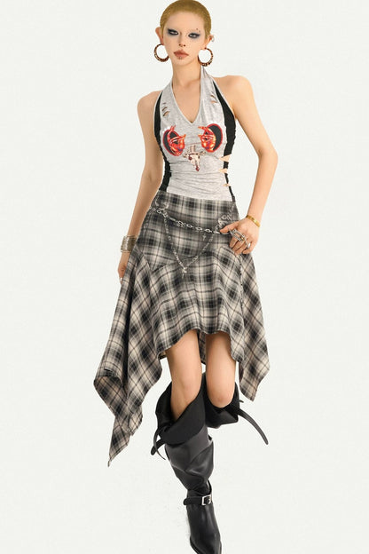 Retro Asymmetrical Plaid Midi Skirt