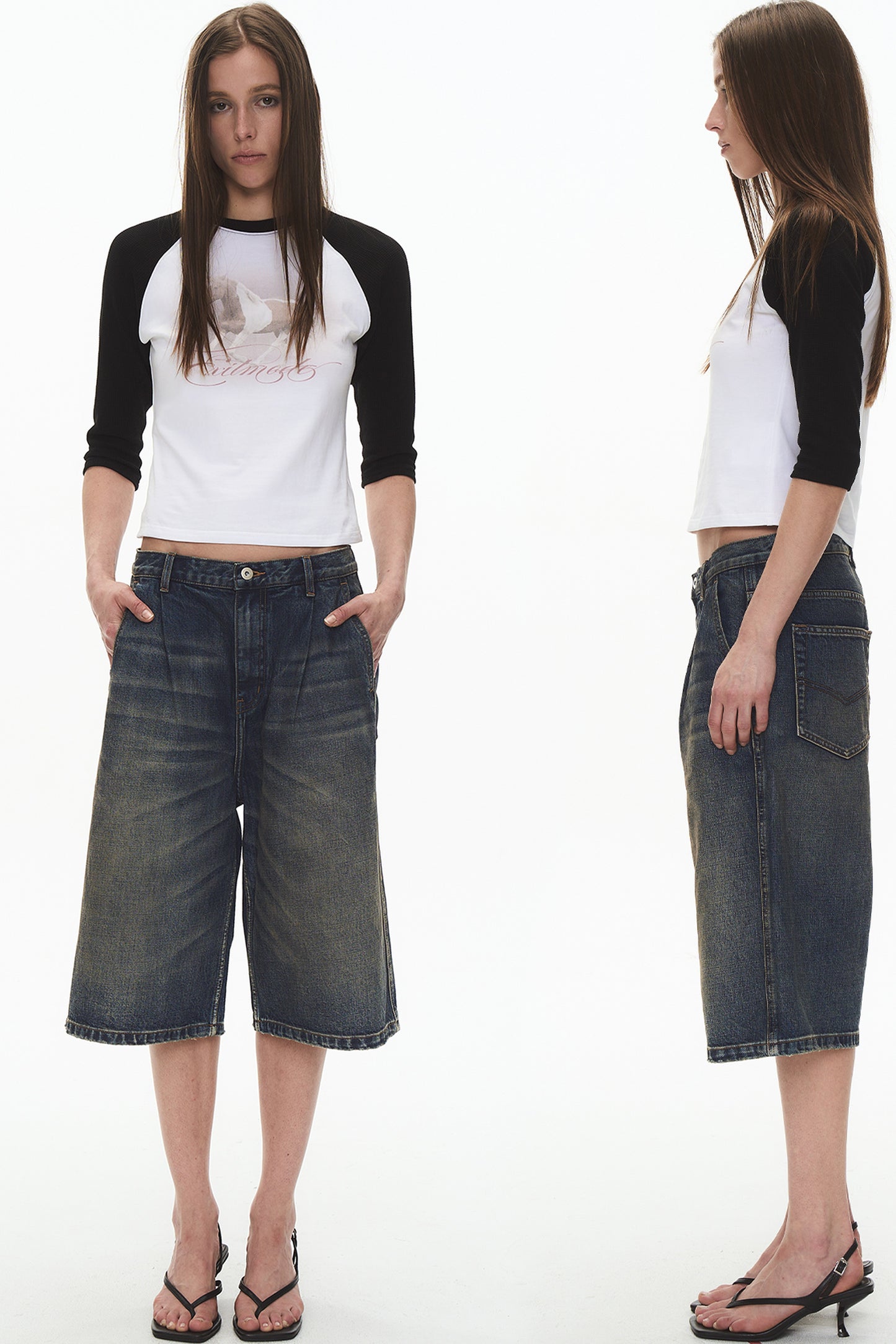 Pleated Distressed Denim Shorts