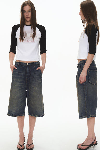 Pleated Distressed Denim Shorts