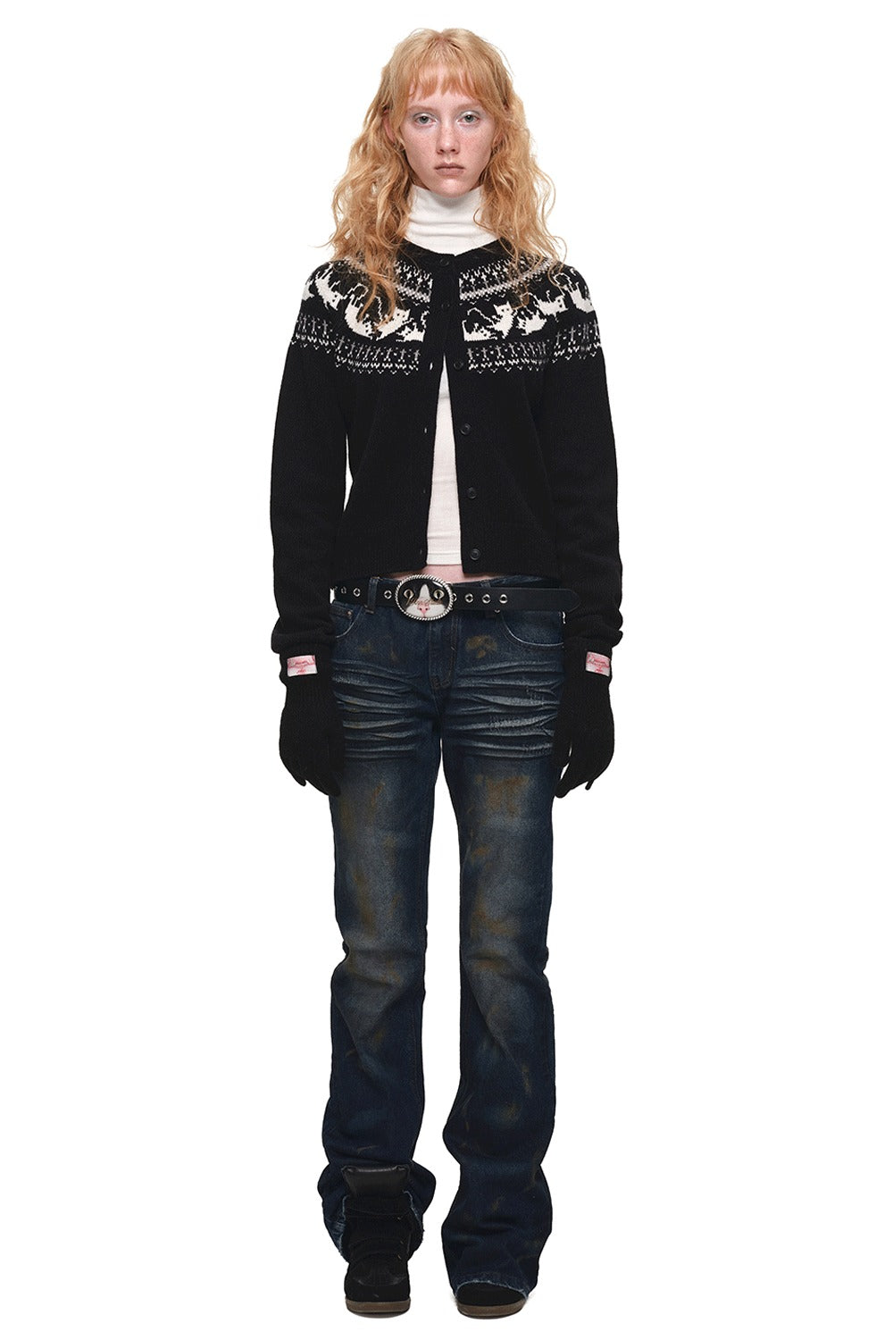 Cardigan jacquard con motivo a isole Fair Isle e gatti