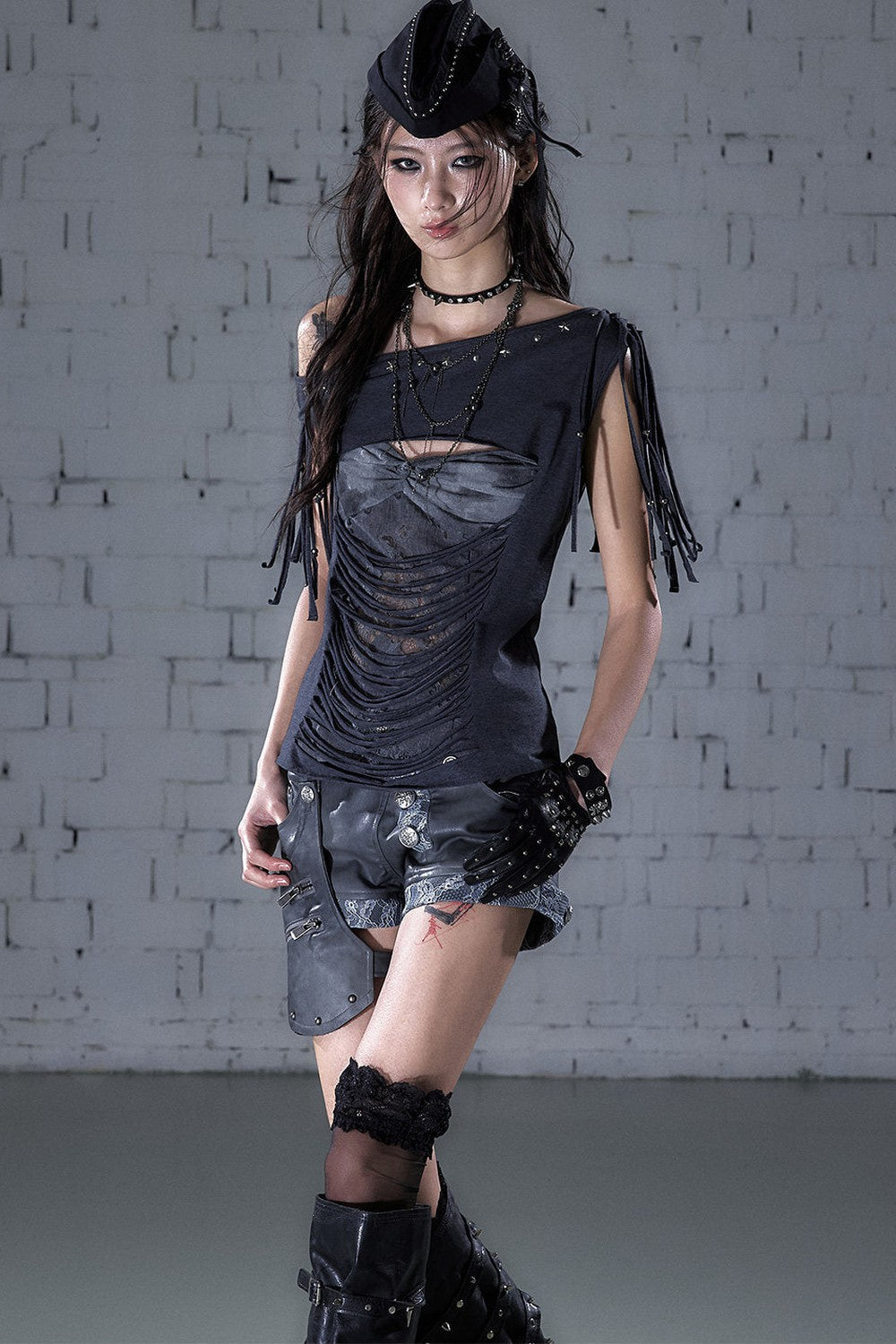 Beaded Lace Off-Shoulder T-Shirt