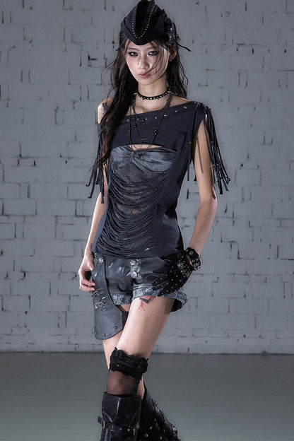 Beaded Lace Off-Shoulder T-Shirt