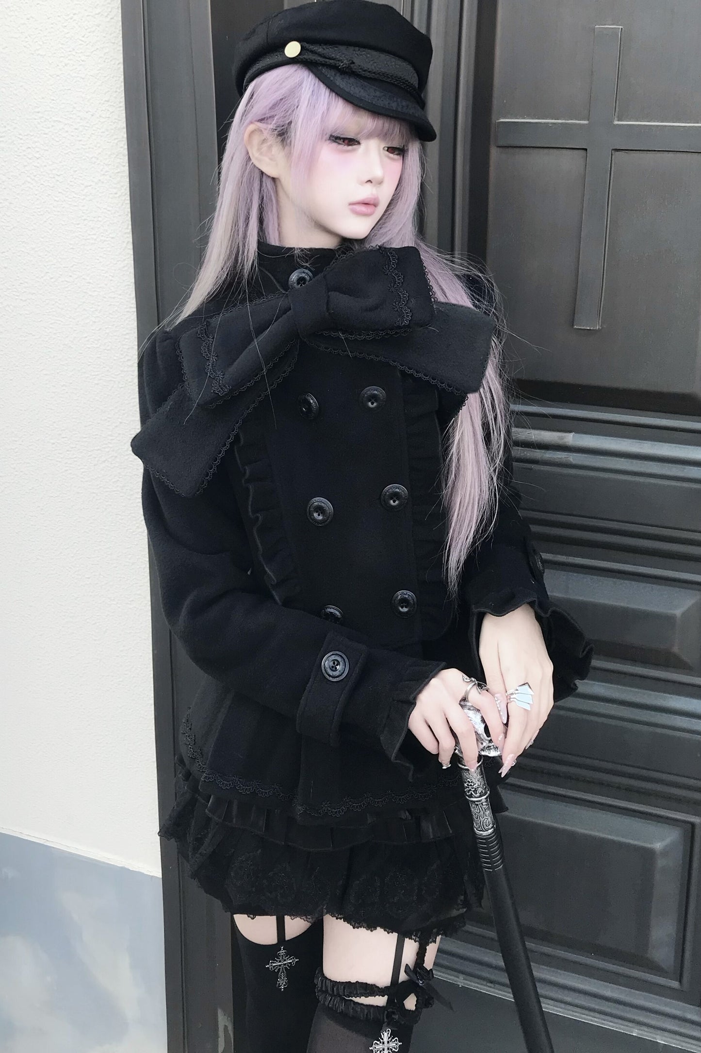 Detachable Bow Woolen Coat and Dress Set