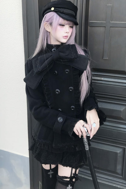 Detachable Bow Woolen Coat and Dress Set