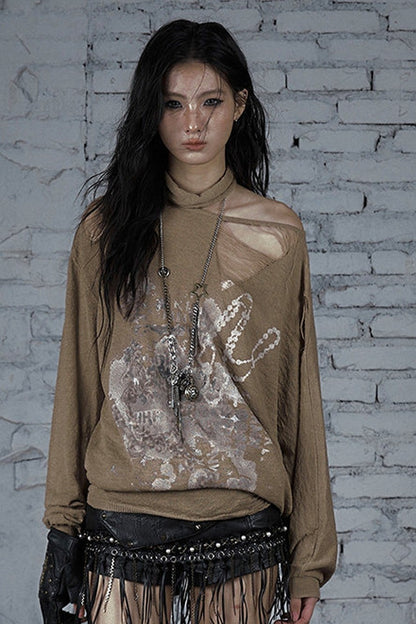 Ripped Off-Shoulder Punk Print Knit Top