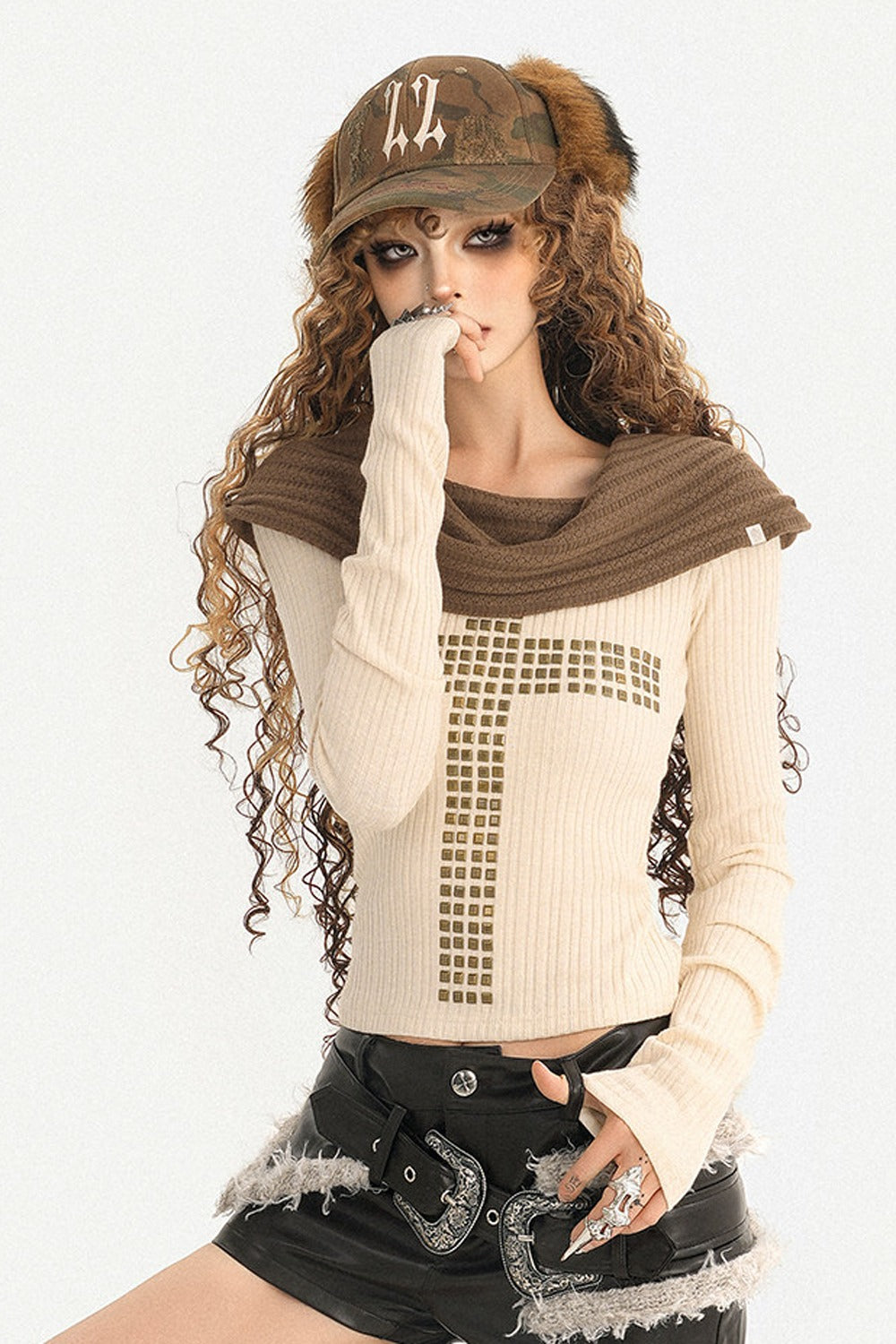 Long sleeve單肩撞色針織上衣