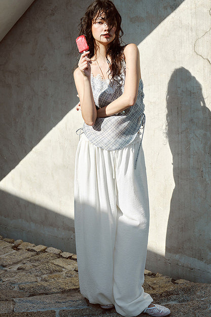 White High-Waisted Drawstring Lantern Pants