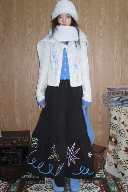 Floral Embroidered Quilted A-Line Tiered Skirt