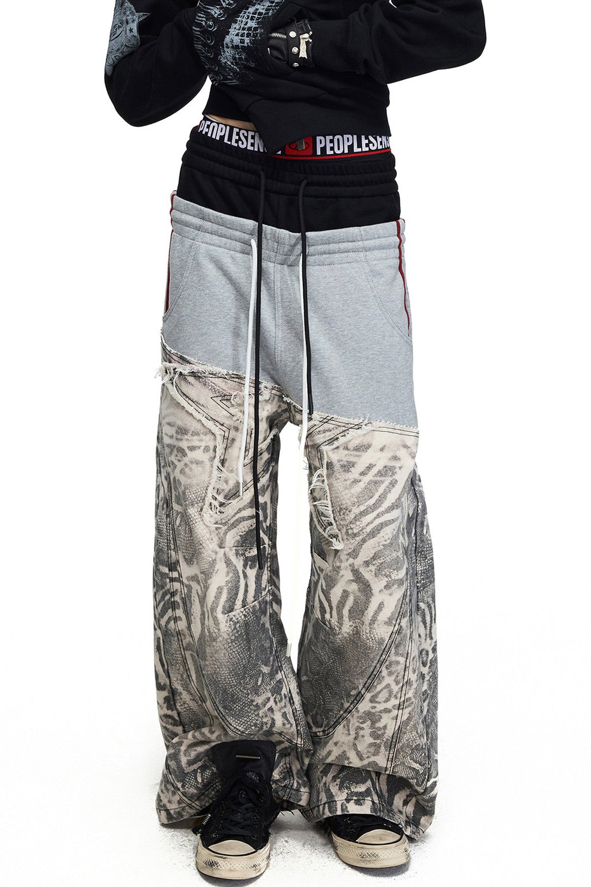 Black White Color-Block Curved Hem Pants