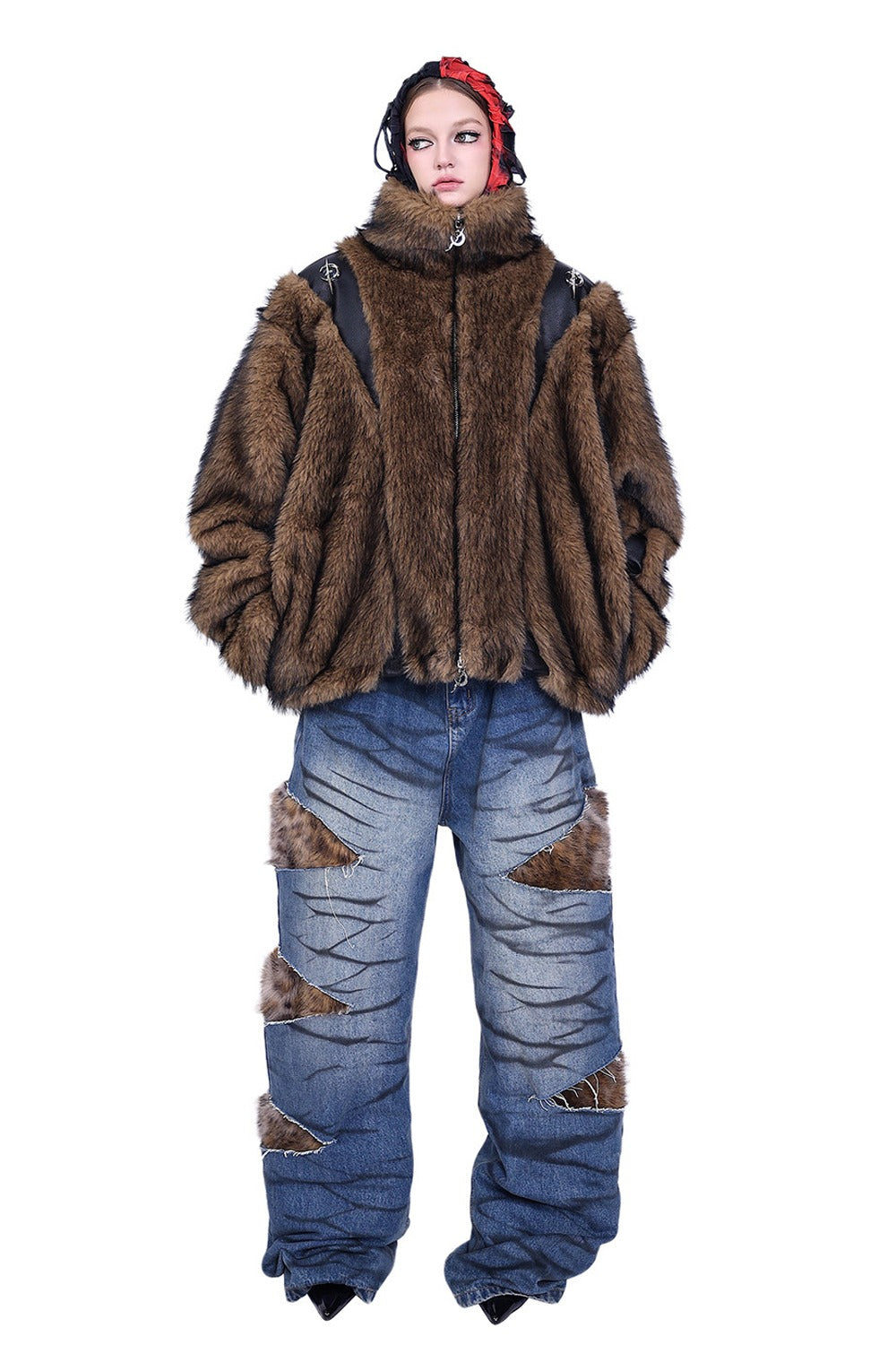 Leopard Fur Patched Loose Denim Jeans