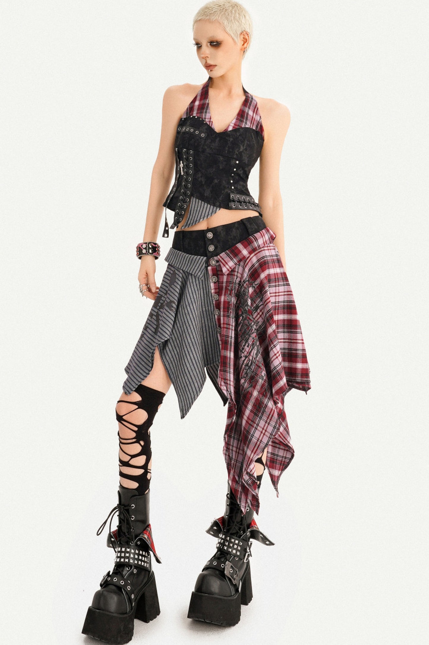 Irregular Plaid Patchwork Skirt