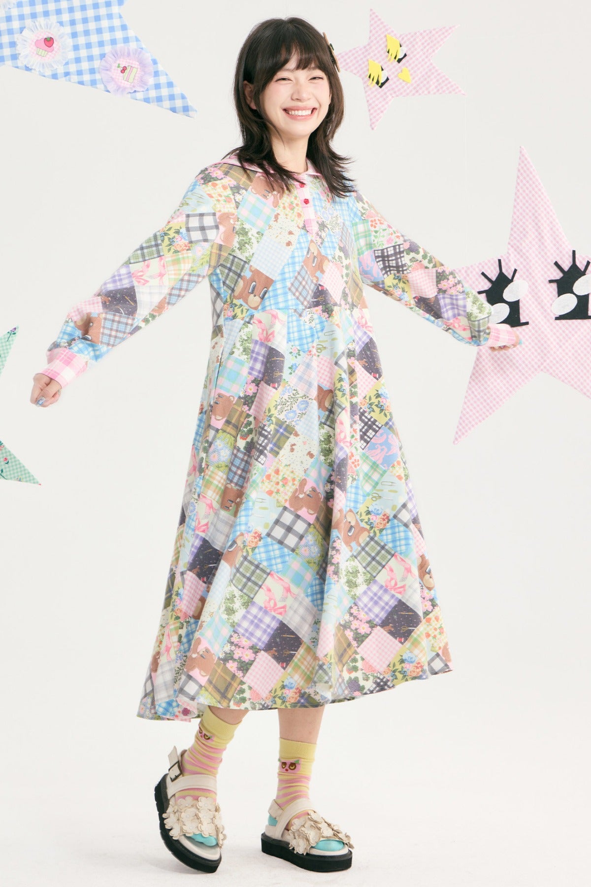Bear Floral Patchwork Long Sleeve Dress