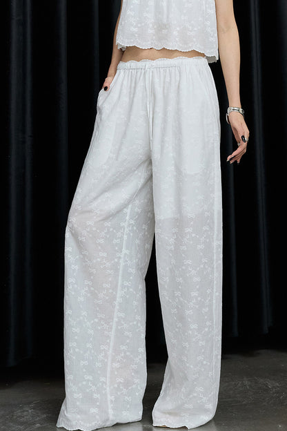 White Cotton Hollow Embroidery Top And Pants Set-Up