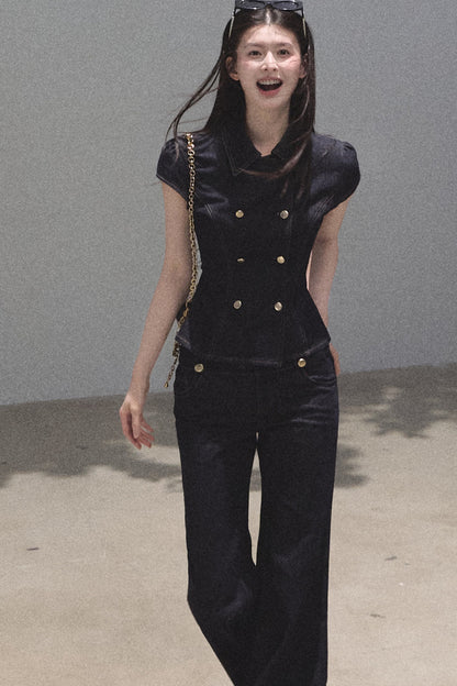Retro Denim Waist-Cinching Dress Set-Up