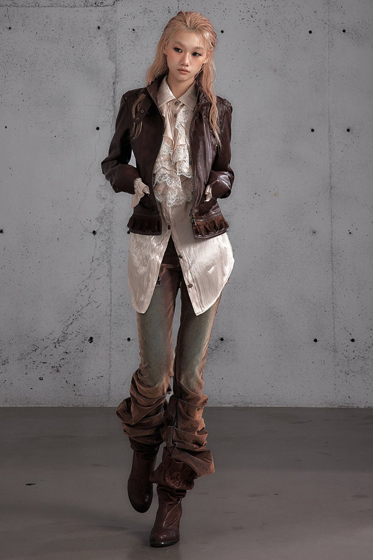 Punk Flocked Ruched Low-Waist Curved Leg Jeans