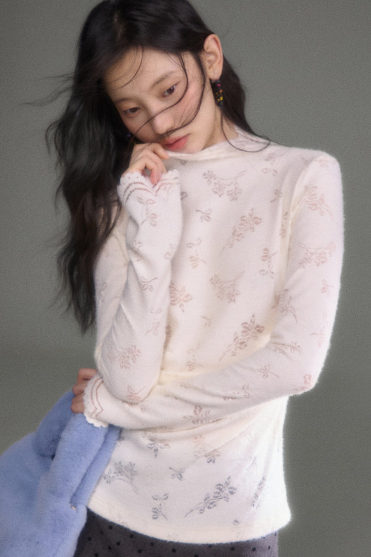 Youeruare Original Design Gardenia Mousse Hollow Lace Trim Knitted Base Shirt Long-Sleeve Top