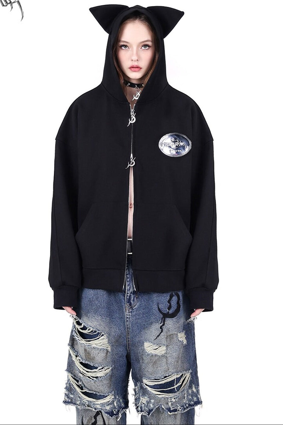 Cat Ear Double Zipper Hooded Jacket