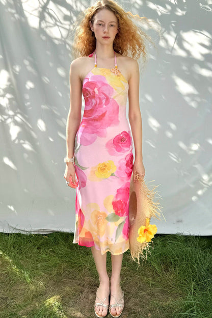 Watercolor Floral Halter Maxi Dress