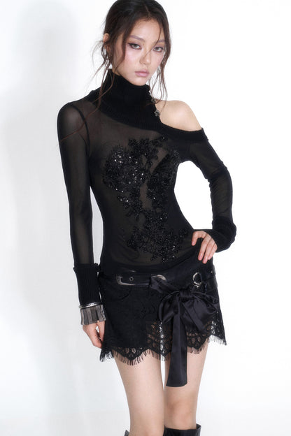 Low-Waist Lace Belt Metal Buckle Bow Skirt