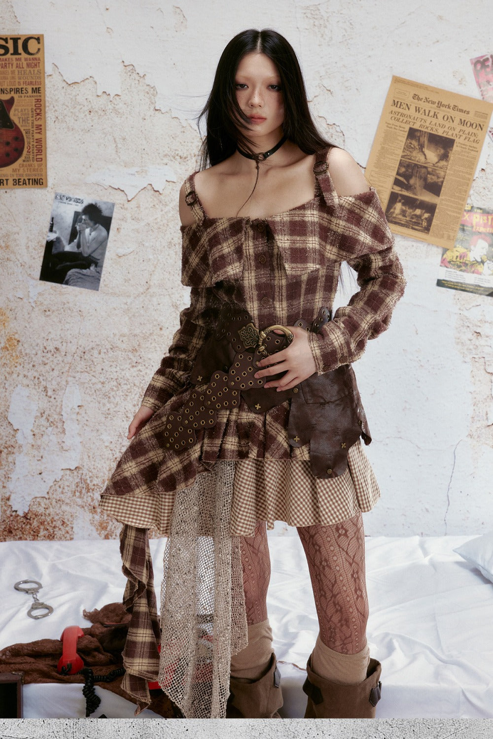 Off-Shoulder Plaid Ruffle Dress
