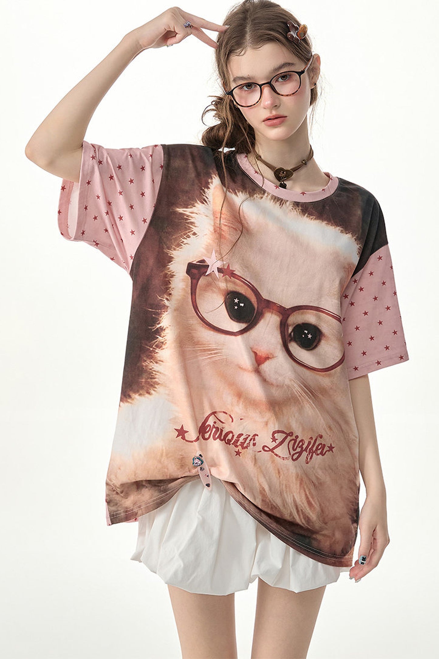 Lockeres T-Shirt mit Rundhalsausschnitt und pinkem Stern-Katzenprint