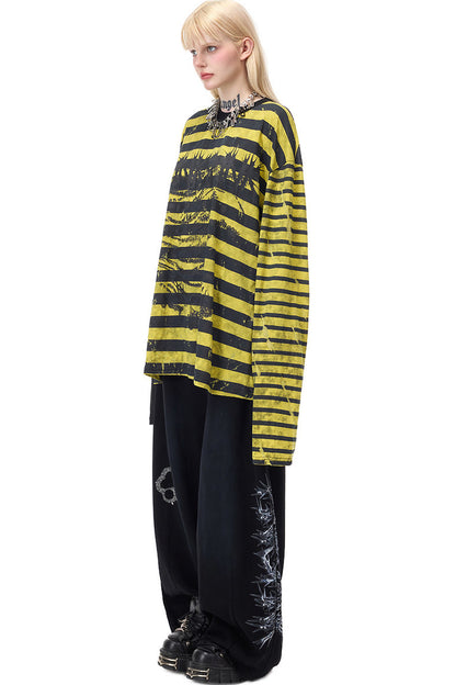 Punk Burnt Floral Cut-Out Striped Raglan Blouse