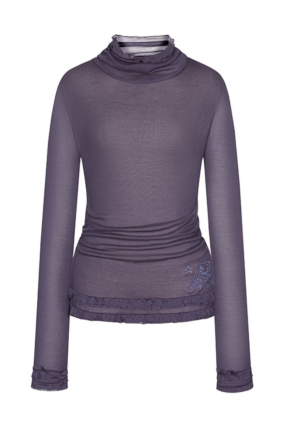 Sheer High Neck Ruffle Hem Top