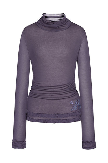 Sheer High Neck Ruffle Hem Top
