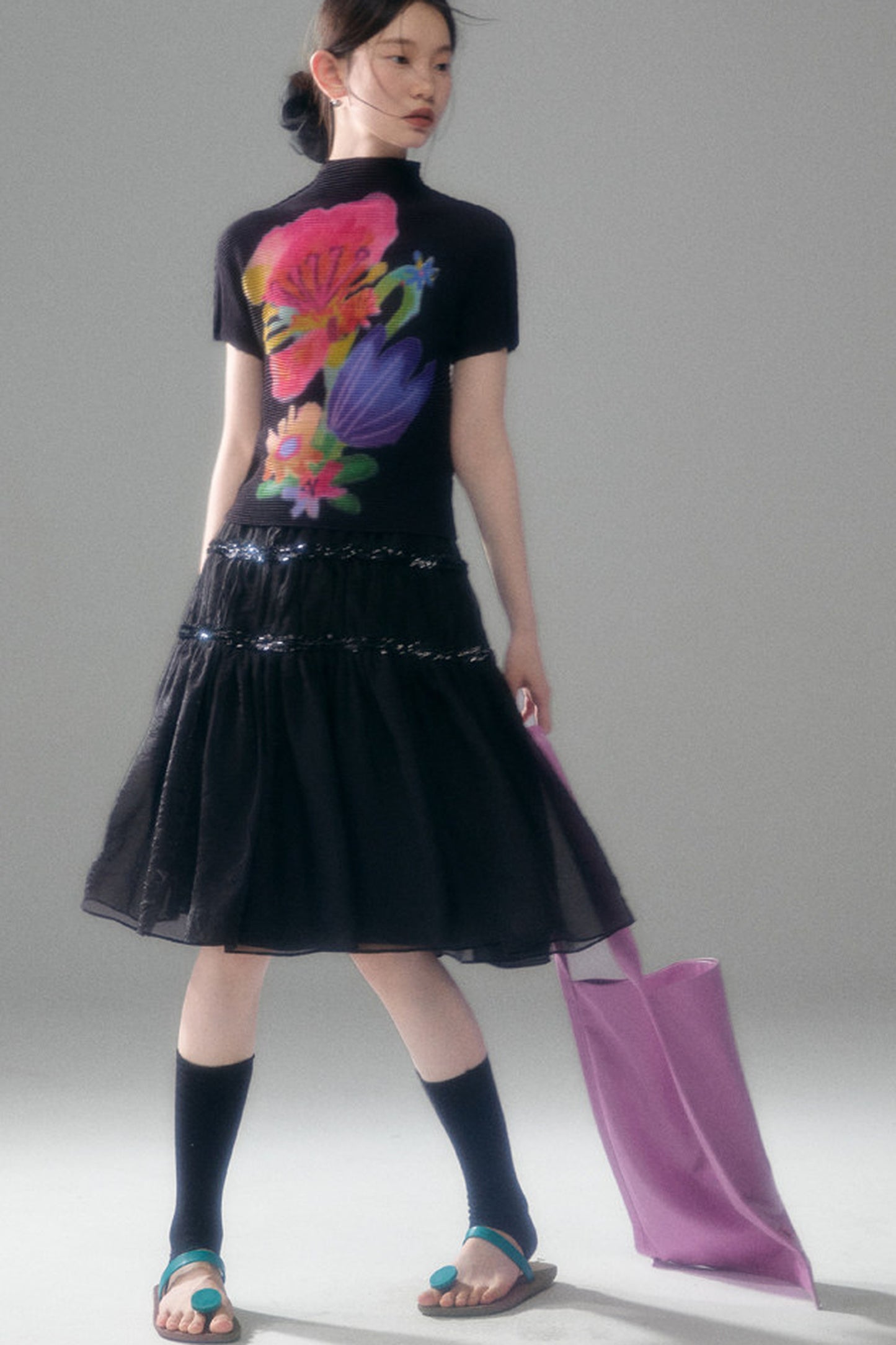 Floral Corn Pleat Knit Top