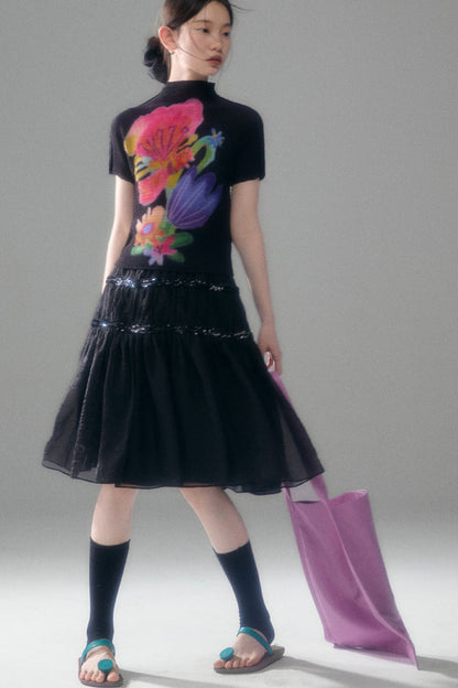 Floral Corn Pleat Knit Top