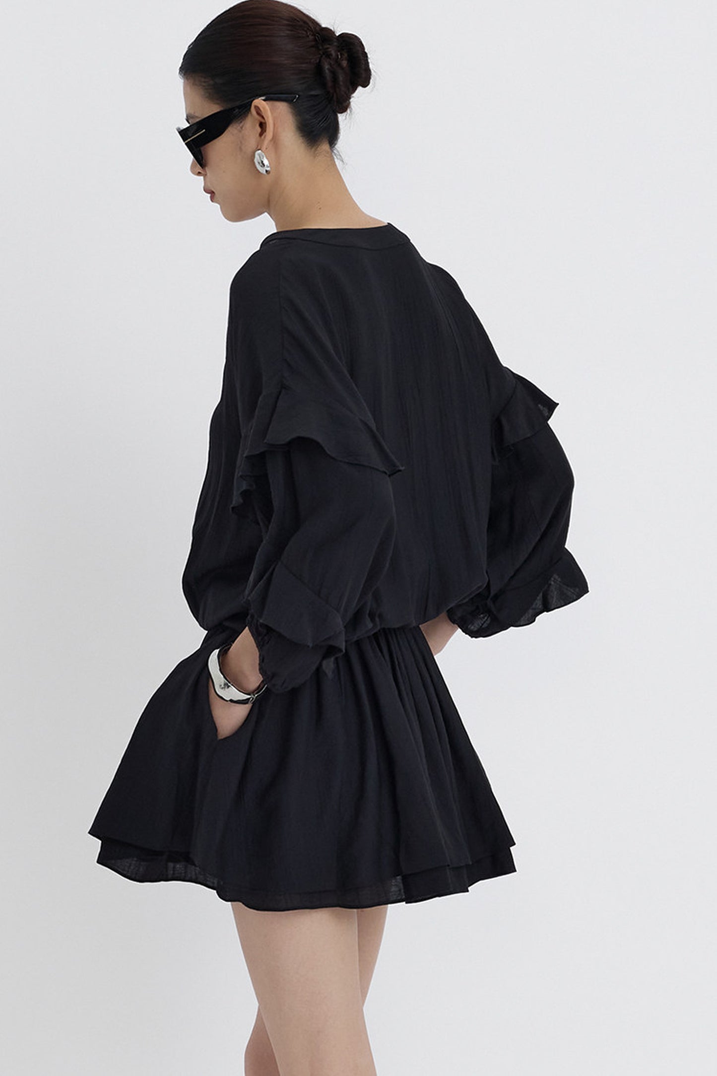 Black V-Neck Ruffle Lantern Sleeve Dress