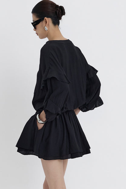 Black V-Neck Ruffle Lantern Sleeve Dress