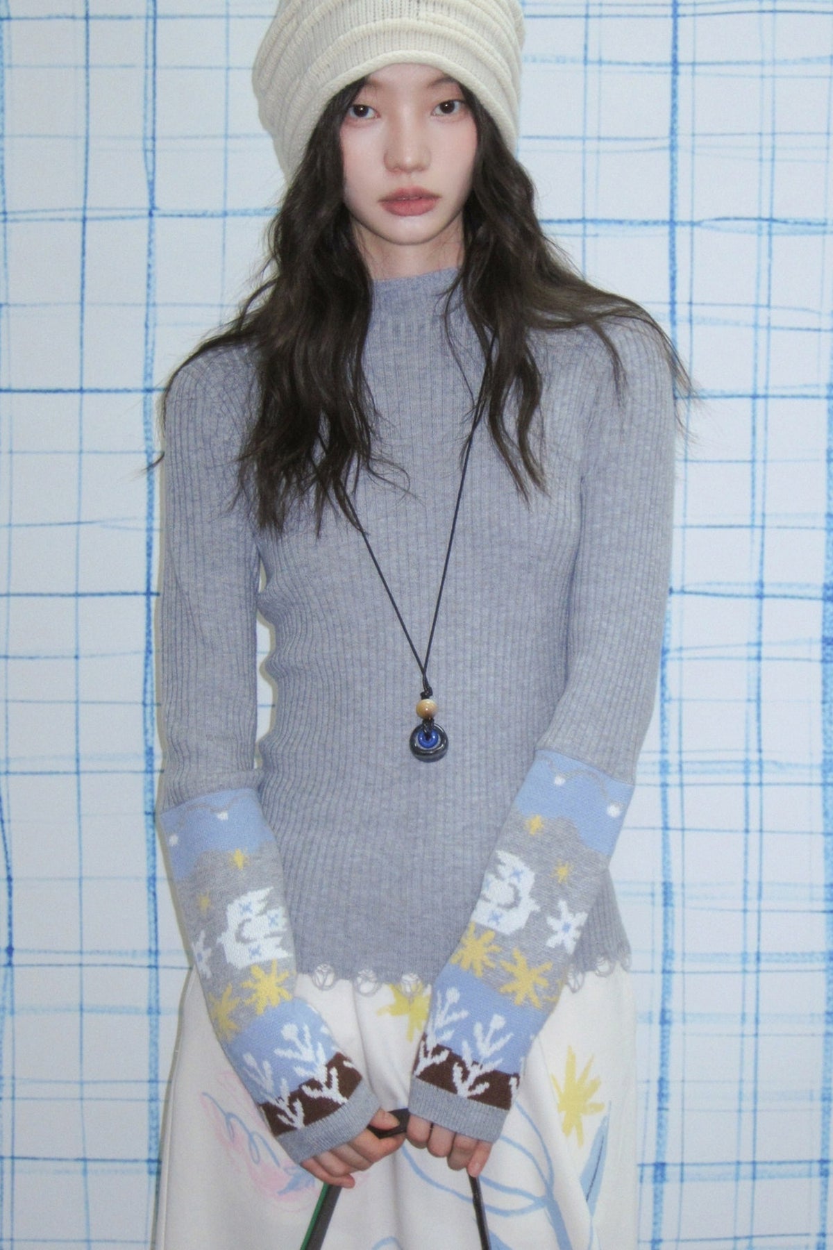 Wool Blend Bird Jacquard Knit Top