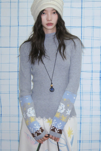 Wool Blend Bird Jacquard Knit Top