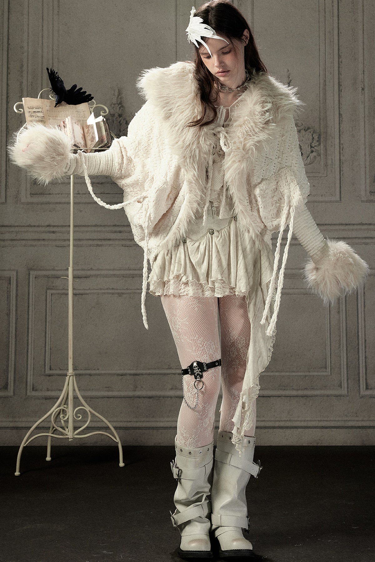 Beige Fur Collar Batwing Knit Jacket