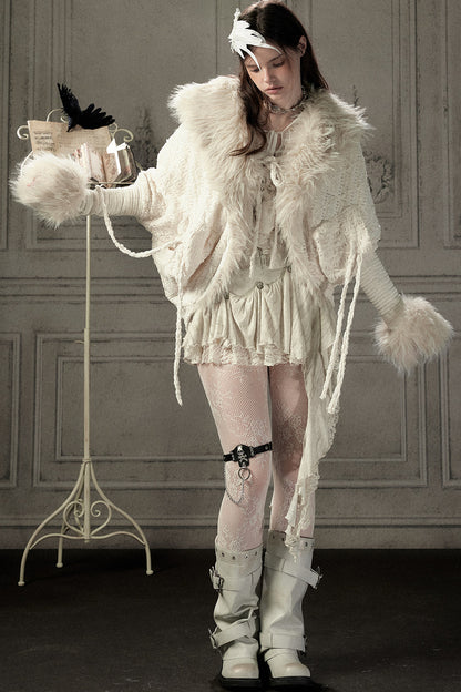 Beige Fur Collar Batwing Knit Jacket